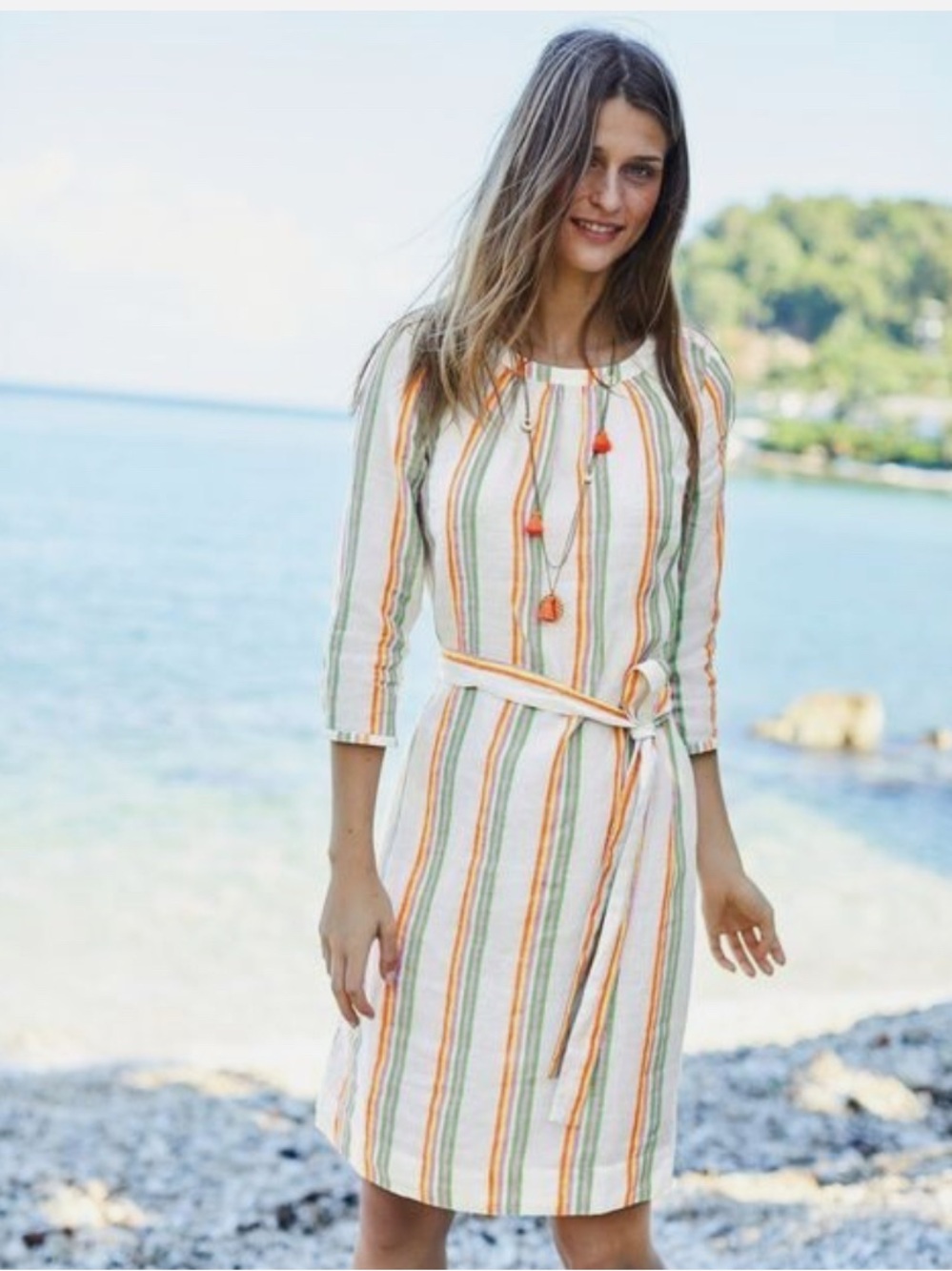Boden Striped Long-Sleeve Belted Dress in White, Green & Orange